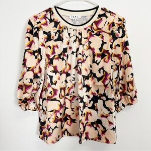 THML Blouse Womens XS Beige Black Floral 3/4 Sleeve Top Shirt Crewneck